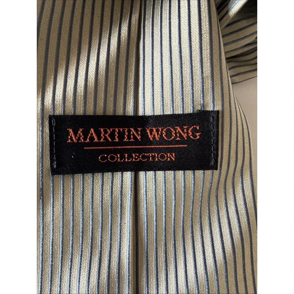 Martin Wong Collection Handmade Silk Stripped White Blue Pinstriped Tie